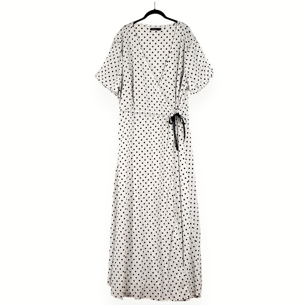 Boohoo Wrap Maxi Dress Womens 24 White Black Polka Dot Short Sleeve Romantic